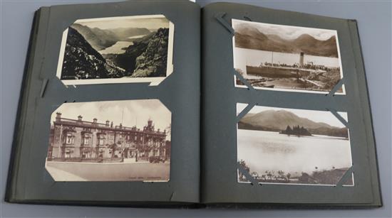 A postcard album containing approximately 205 black and white UK and Alpine cards, mainly 1930s-50s